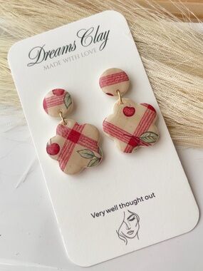 Dreams Clay Floral Plaid Dangle Earrings in Cream & Red